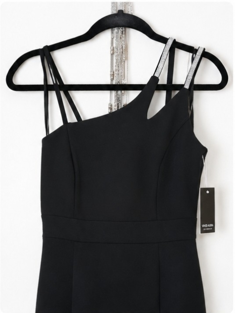 One-Shoulder Black Dress with Rhinestone Straps